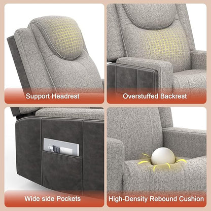 Oversize Manual Recliner Chair for Adults, Extra Wide Single Reclining Sofa Chair with Ergonomic, FSC Certified, Grey Linen-Blend & Chocolate Leather Scandinavian Chic for Living Room, RV
