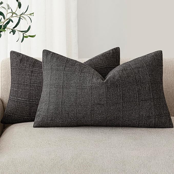 Foindtower Set of 2 Decorative Linen Check Throw Pillow Covers Neutral Farmhouse Lumbar Cushion Covers Modern Boho Home Decor for Sofa Chair Couch Bedroom Living Room,12×24 Inch,Charcoal
