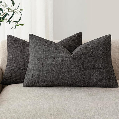 Foindtower Set of 2 Decorative Linen Check Throw Pillow Covers Neutral Farmhouse Lumbar Cushion Covers Modern Boho Home Decor for Sofa Chair Couch Bedroom Living Room,12×24 Inch,Charcoal