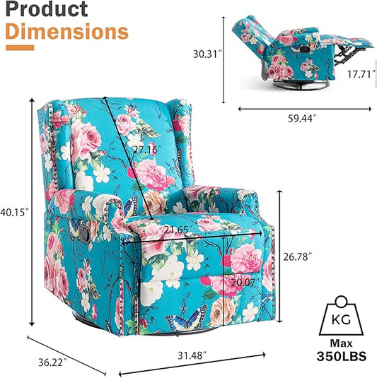 Premium 360° Swivel Recliner Chair with Footrest - Luxurious Cotton Linen & Botanical Design-Peacock Blue Rose