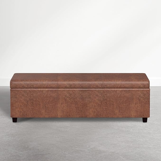 SIMPLIHOME Avalon Storage Ottoman - 54 inch Wide Upholstered Solid Wood Rectangular Ottoman Bench in Distressed Pecan Brown, Contemporary Ottoman for Bedroom or Living Room with Lift-Up Lid