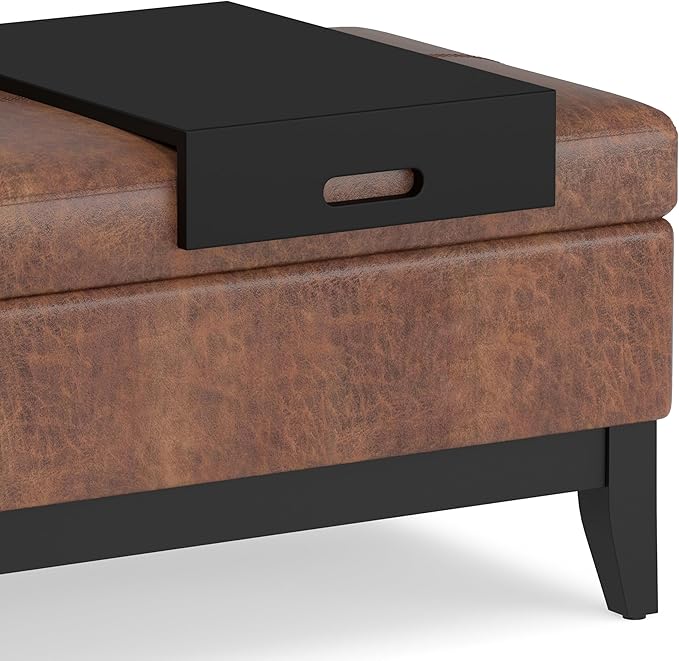 SIMPLIHOME Oregon 42 inch Wide Transitional Rectangle Storage Ottoman Bench with Tray in Distressed Saddle Brown Vegan Faux Leather, Assembled, For the Living Room, Entryway and Family Room