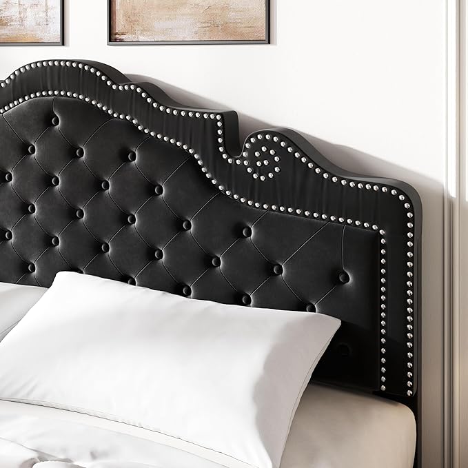 SHA CERLIN King Size Platfrom Bed Frame with Adjustable Headboard/Velvet Upholstered Diamond Button Tufted and Metal Studs/No Box Spring Needed/Easy Assembly/Wooden Slat Support/Black