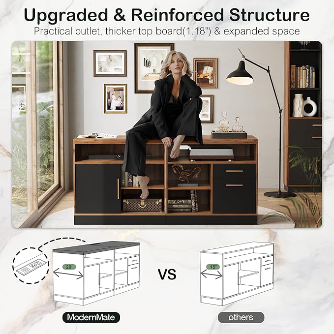 67" Standing Desk with 2 File Cabinets, AC/USB, 1.18" Desktop, L Shaped Height Adjustable Electric Stand Up Desk, Multiple Functions for Home and Office, Black Walnut
