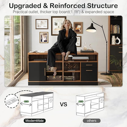 67" Standing Desk with 2 File Cabinets, AC/USB, 1.18" Desktop, L Shaped Height Adjustable Electric Stand Up Desk, Multiple Functions for Home and Office, Black Walnut