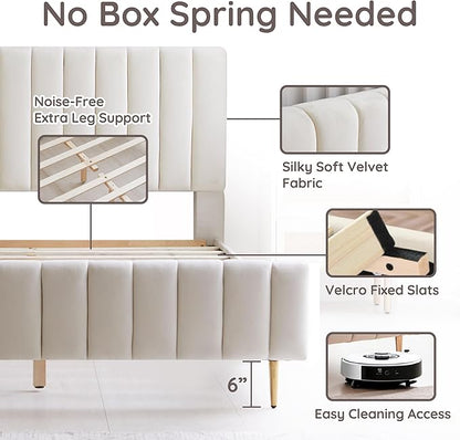 Livinia King Size Elton Velvet Platform Bed, Upholstered Bed Frame with Vertical Channel Tufted Headboard Footboard, Strong Wood Slats, No Box Spring Needed, Ivory (King)