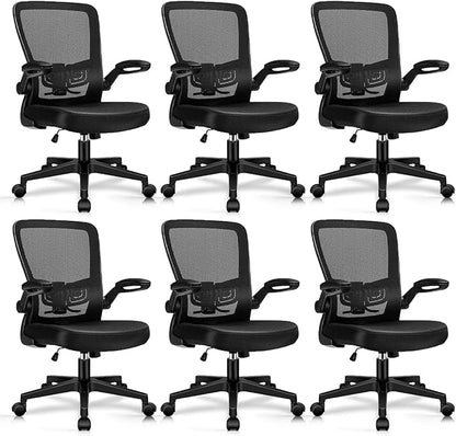 Desk Chairs with Wheels, Ergonomic Mesh Office Chair Adjustable Height and Swivel Lumbar Support Home Office Chair with Flip Up Armrests, Set of 6