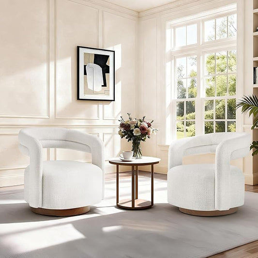 Swivel Accent Chair Set of 2, Upholstered Barrel Chair with Open Back Design, Modern Arm Chair with Wooden Base for Living Room Bedroom Reading Waitingroom,Wheat