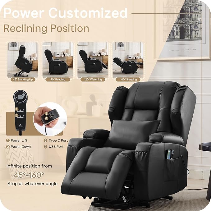 Power Lift Recliner Chair for Elderly, Electric PU Leather Reclining Single Sofa with Massage & Heat, Side Pocket, Cup Holders and USB/Type-C Charge Port for Living Room (Black)