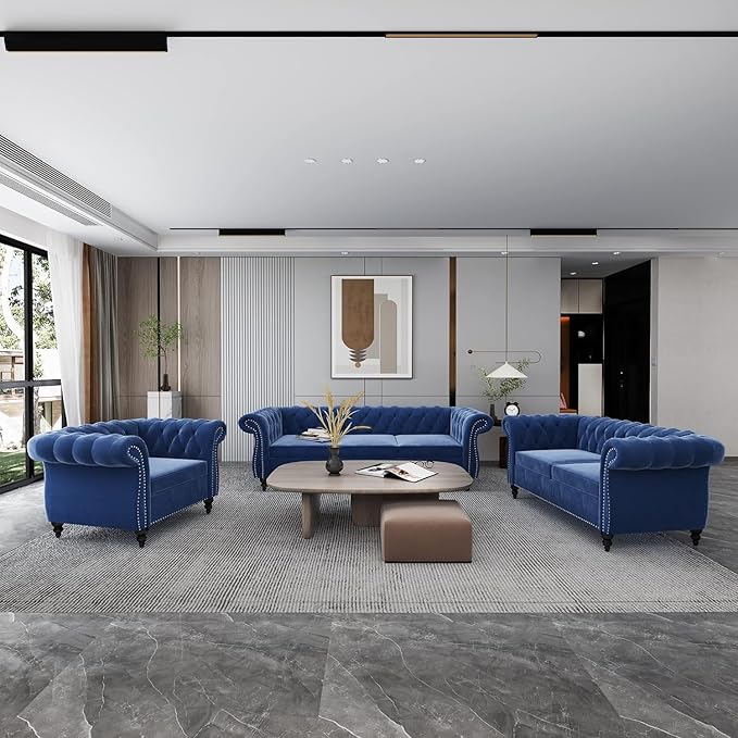 Living Room Chair, Modern Velvet Chesterfield Sofa Chair, Mid Century Single Sofa Couch Chair with Tufted Back and Rolled Arms, Accent Sofa Chair for Living Room Apartment, Blue