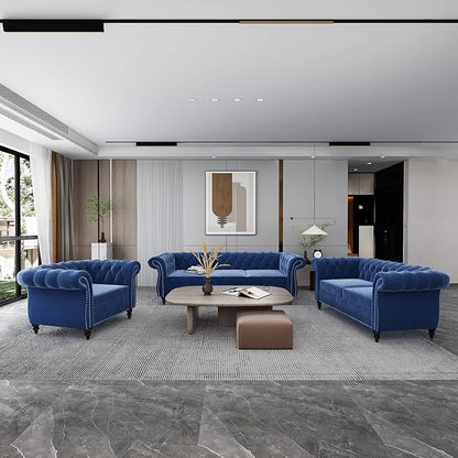 Chesterfield Loveseat Sofa, Modern Velvet Small Sofa Couch 2 Seater with Rolled Arms and Nailhead, Mid Century Modern Loveseat Couch for Small Spaces Living Room Bedroom Apartment, Blue