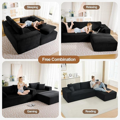 106" Cloud Modular Sectional Sofa Couch with L-Shape Chaise,Modern Boneless Sectional Couch with Deep Seat,Upholstered Couches for Living Room Bedroom,No Assembly Required,Black