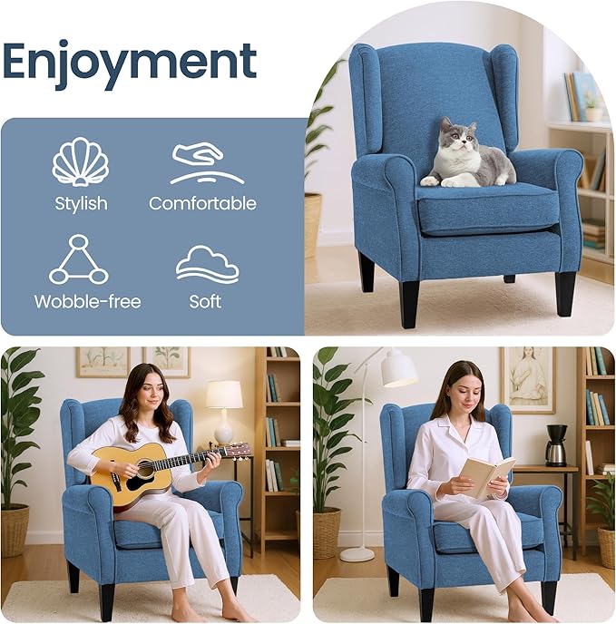 Accent Chair Set of 4, Modern Living Room Chairs with Wingback, Comfy Upholstered High Back Single Sofa for Bedroom, Mid-Century Reading Armchair Sillas para Sala