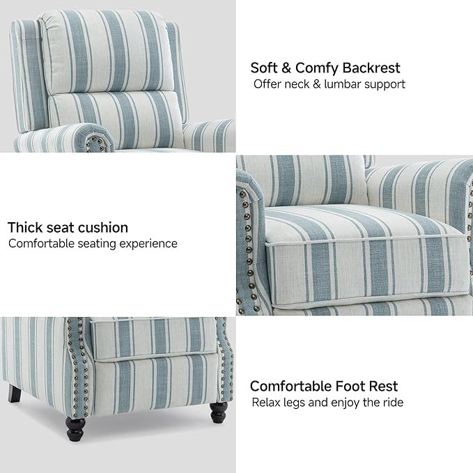 Lumibee Recliner Chairs Set of 2,Pushback Armchairs for Small Spaces,Adjustable Backrest & Footrest Accent Chairs in Comfy Fabric for Living Room, Bedroom-Stripe Bluee