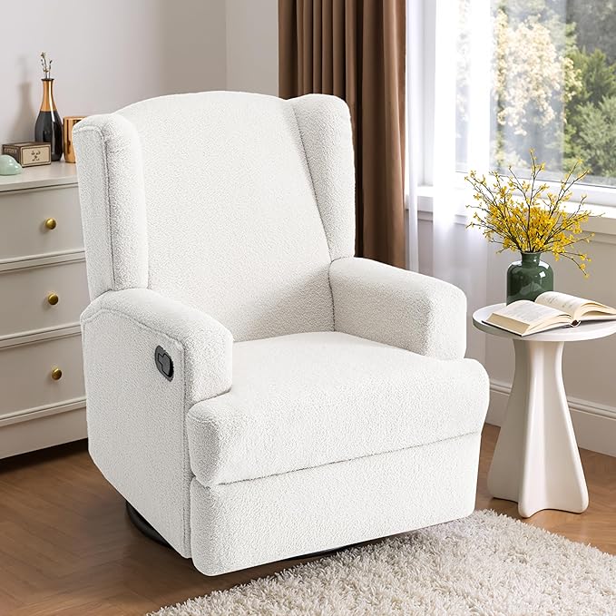 Boucle Swivel Glider Recliner Chairs Set of 2 for Adults - Plush High Back Rockers with Deep Seat, Coordinating Manual Recliners for Living Room, Luxury Upholstered Armchairs-White