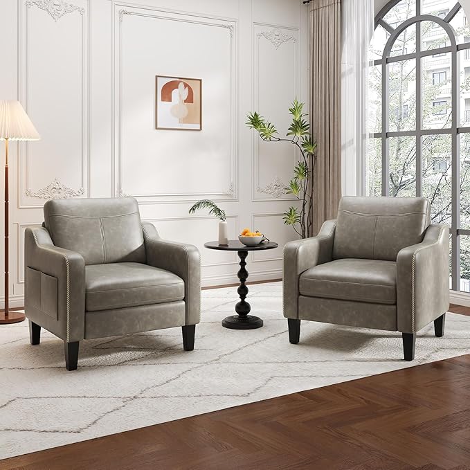 PU Leather Accent Chair, Mid-Century Modern Living Room Armchair Sofa with Removable Cushions, Solid Wood Frame & Stitched Armrest Design, Bedroom Chair with Plastic Legs, Grey