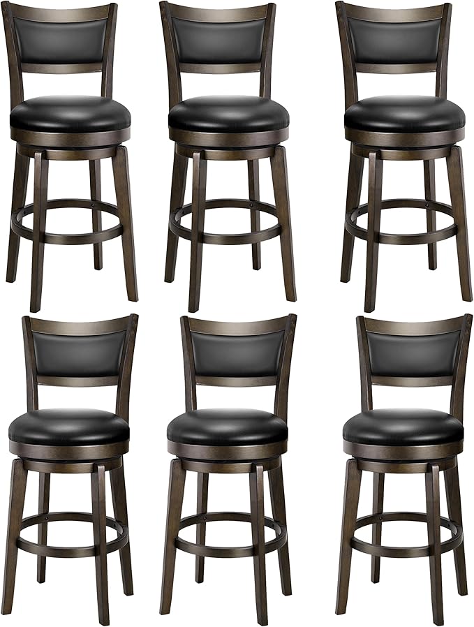 PrimeZone Swivel Bar Stools Set of 6, 24 Inch Counter Height Barstools, Black Faux Leather Bar Stool with High Backrest & Solid Wood Legs & Wrap-around Footrest, Counter Stools for Kitchen Island, Pub