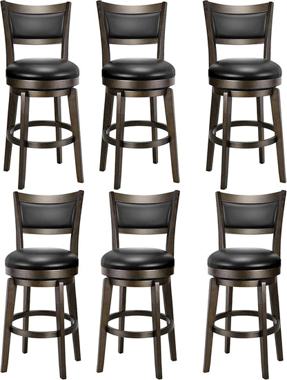 PrimeZone Swivel Bar Stools Set of 6, 24 Inch Counter Height Barstools, Black Faux Leather Bar Stool with High Backrest & Solid Wood Legs & Wrap-around Footrest, Counter Stools for Kitchen Island, Pub