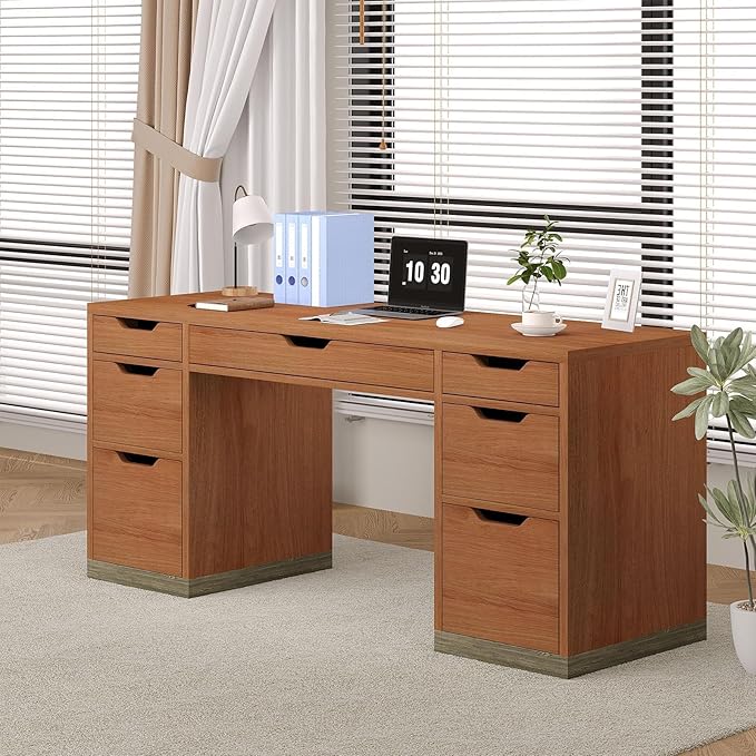 54 Inch Executive Desk with Drawers, Computer Desk with 7 Drawers for Bedroom, Office Desk with File Cabinet for Work Study Writing, Small Spaces, Brown