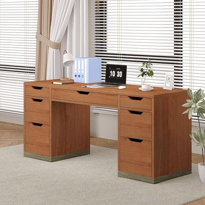 54 Inch Executive Desk with Drawers, Computer Desk with 7 Drawers for Bedroom, Office Desk with File Cabinet for Work Study Writing, Small Spaces, Brown
