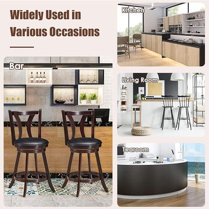 COSTWAY Bar Stools Set of 2, 360-Degree Swivel Stools with Leather Padded Seat, Single Slat Back & Solid Rubber Wood Legs, Counter Height Stools for Pub, Restaurant, Kitchen, Brown (4)