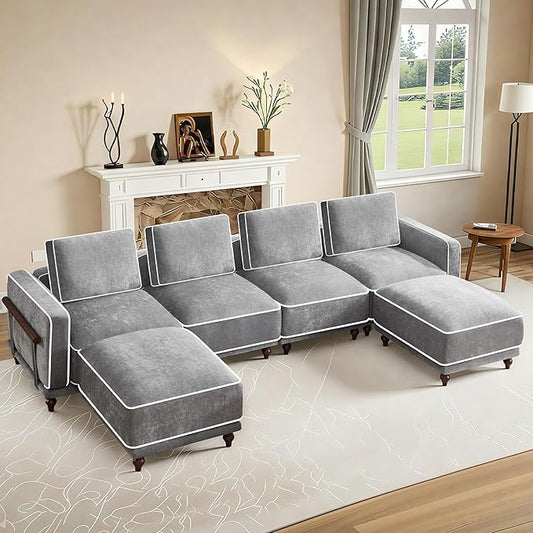 146" 4 Seater Cloud Couch with 2 Ottoman,Modular Sectional U Shaped Sofa with Armrests Wooden Legs,Oversized Deep Seat Comfy Thicked Cushion Upholstered Sofa for Living Room Bedroom,Light Grey