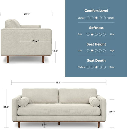 SIMPLIHOME Morrison 89-inch Wide Sofa in Cream White Woven-Blend Fabric, Handcrafted Mid-Century Modern Couch for Living Room or Family Room, Single Bench Cushion, Bolster Pillows