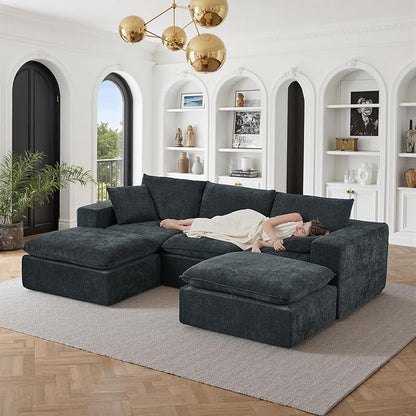 108" Sectional Couches for Living Room Boneless Couch Upholstered Cloud Couch Sectional Modular Sectional Sofa with L Shaped (Chenille-Blue, 3 Seat+2 Ottoman)