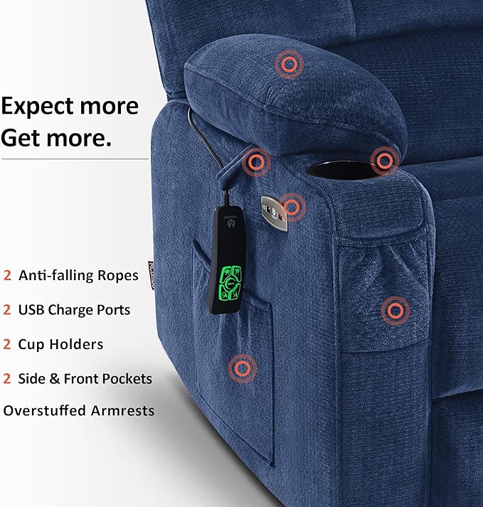 MCombo Oversized Dual Motor Power Lift Recliner Chair Sofa with Massage and Heat for Big Elderly People, Infinite Position, USB Ports, Fabric R7688 (Navy Blue, Large-Oversize)