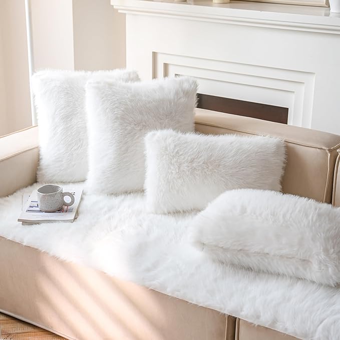 Neelvin Cream White Faux Fur Cozy Fluffy Double-Sided Decorative Throw Pillow Covers 20x20 inch Set of 2,Velvet Pillowcase Cushion Case for Sofa Couch