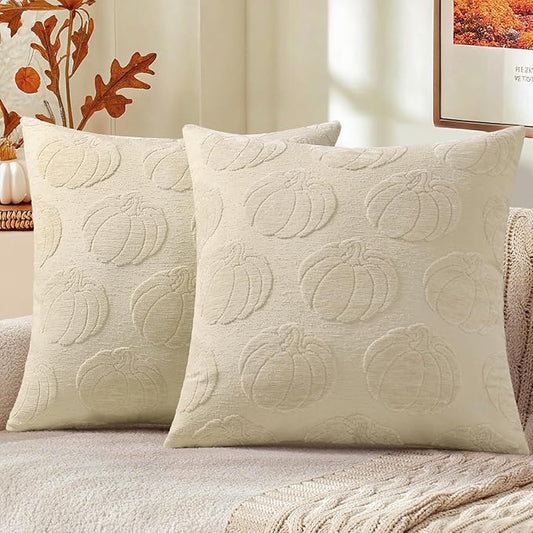 decorUhome Decorative Beige Pumpkin Thanksgiving Throw Pillow Covers 20x20 Set of 2, Soft Chenille Jacquard Farmhouse Textured Pillow Covers for Couch Bed Sofa Autumn Harvest Halloween Holiday