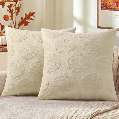 decorUhome Decorative Beige Pumpkin Thanksgiving Throw Pillow Covers 18x18 Set of 2, Soft Chenille Jacquard Farmhouse Textured Pillow Covers for Couch Bed Sofa Autumn Harvest Halloween Holiday