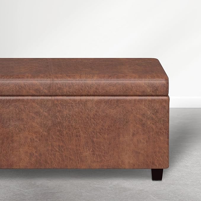 SIMPLIHOME Avalon Storage Ottoman - 54 inch Wide Upholstered Solid Wood Rectangular Ottoman Bench in Distressed Pecan Brown, Contemporary Ottoman for Bedroom or Living Room with Lift-Up Lid