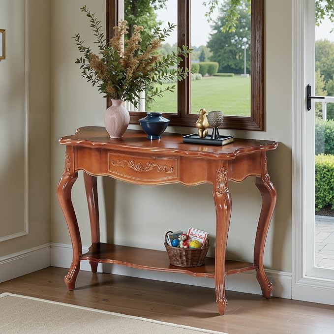 Tribesigns Vintage Console Table with Solid Wood Veneer, 47.2-Inch Mid-Century Modern Entryway Table with 2 Shelves, Victorian Furniture for Living Room, Hallway, Entrance, Foyer (Walnut)