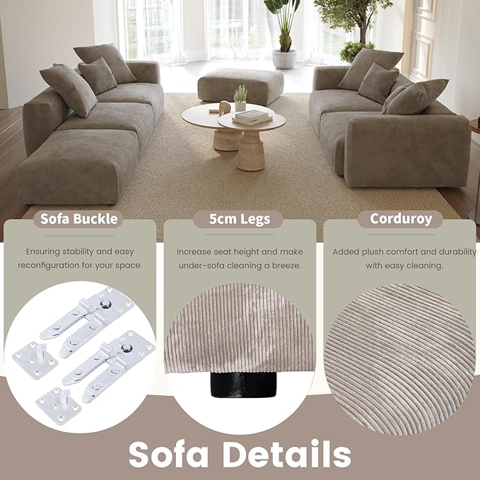 WJShome Modular Sectional Sofa Couch,181.1inch Oversized 4 Seater Couch, Upholstered with Corduroy Fabric Couches with 6 Pillows,Cushion Covers Removable& Washable