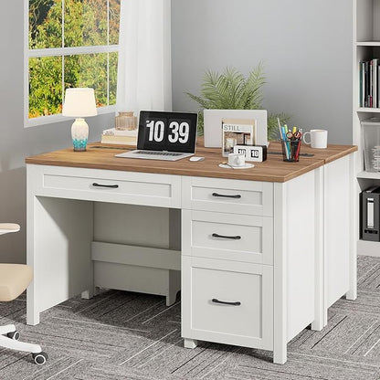 Vabches Farmhouse 47" Executive Desk, Computer Desk with File Drawer and Charging Station, Workstation for Home Office & Study（Off White