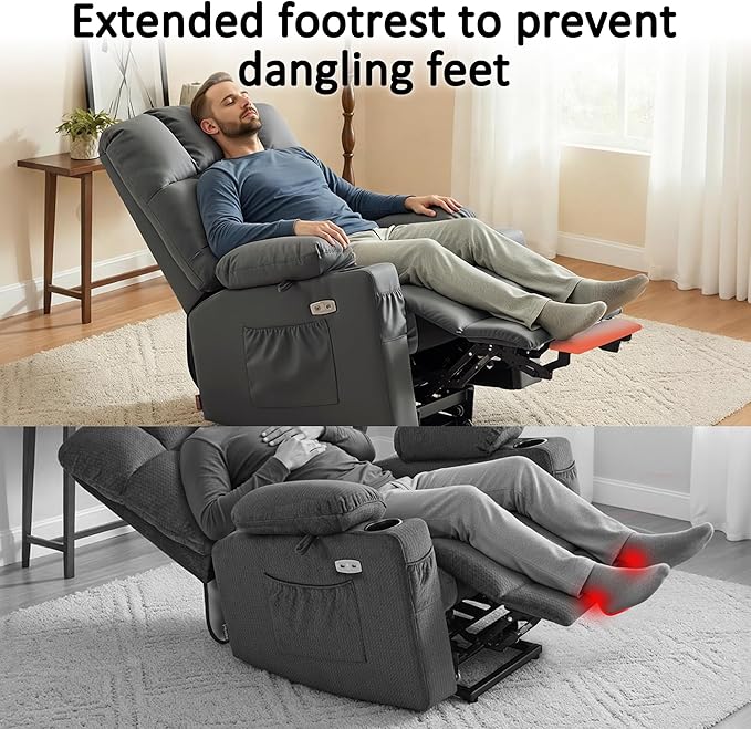 MCombo Large Dual Motor Power Lift Recliner Chair for Elderly, Massage and Heat, Lay Flat, Zero Gravity, Home Button, USB Port, Faux Leather 7680 (Dark Grey, Large)