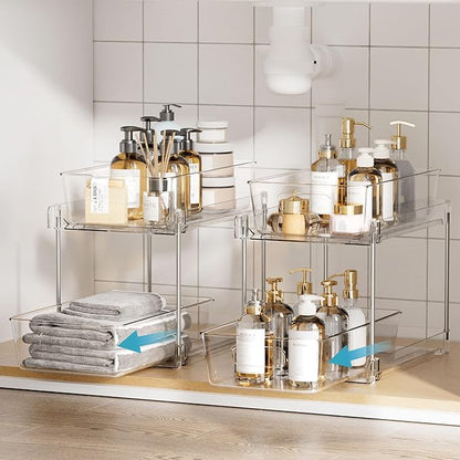 Vtopmart 4 Pack Bathroom Organizer, 2 Tier Clear Under Sink Organizers Vanity Countertop Storage Container,Cabinet Drawers Bins, Pull-Out Organization with Track for Pantry, Kitchen