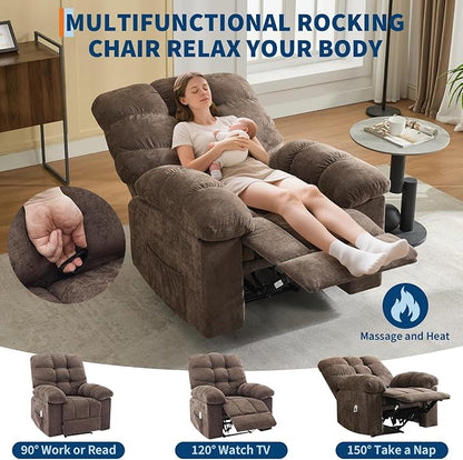 Recliner Rocking Chair with Massage and Heat, Wide Overstuffed Ergonomic Fabric Recliner with Breathable Upholstery, 2 Side Pockets & Remote Control for Living Room or Bedroom