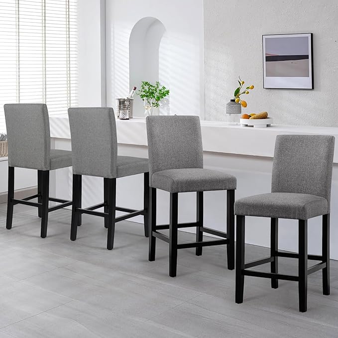 LSSPAID Counter Height Bar Stools Set of 4, 24.8 Inch Upholstered Fabric Barstools, Modern Kitchen Island Chairs with Backrest and Solid Wood Legs, Grey
