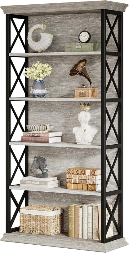 Tribesigns 71-Inch Tall Bookcase, 5-Tier Industrial Metal Bookshelf, Large Etagere Bookcases and Bookshelves, Freestanding Display Shelves for Living Room, Bedroom, Gray and Black