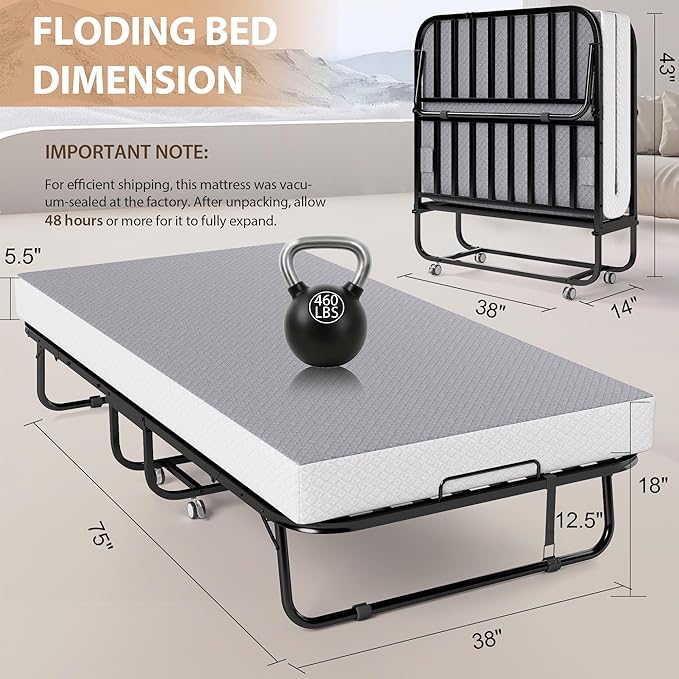Folding Bed with Memory Foam Mattress, Portable Rollaway Guest Beds on Wheels, 75"x38" Twin Size Space-Saving Cot-Size Bed for Adults with Easy Assembly Metal Frame (Grey)