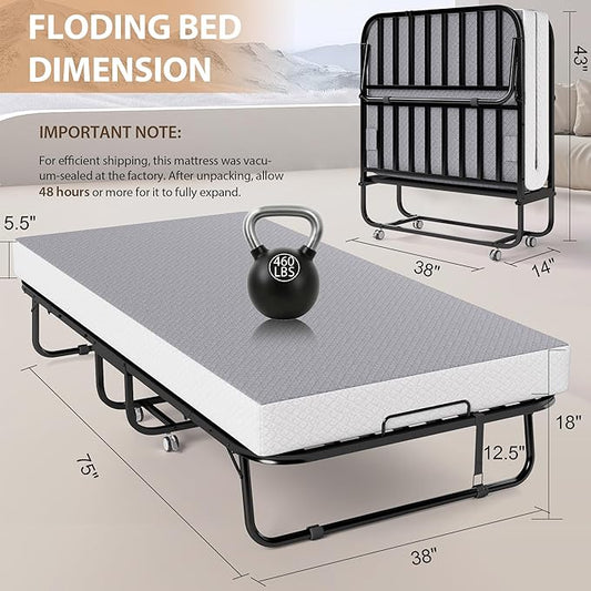 Folding Bed with Memory Foam Mattress, Portable Rollaway Guest Beds on Wheels, 75"x38" Twin Size Space-Saving Cot-Size Bed for Adults with Easy Assembly Metal Frame (Grey)