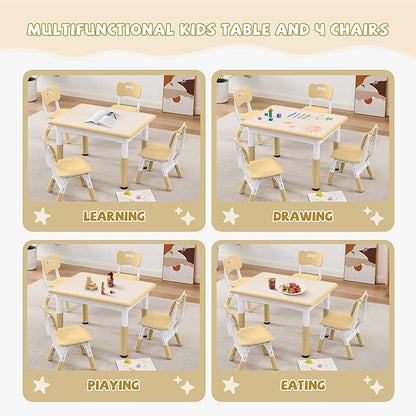 Adjustable Kids Table Chairs Set – Graffiti Desktop, Multi-Activity Height-Adjustable Toddler Study Desk for Ages 3-8 – Ideal for Home, Classroom, Daycare (W-Brown, 4 Chairs-31.5" L x 23.6" W)