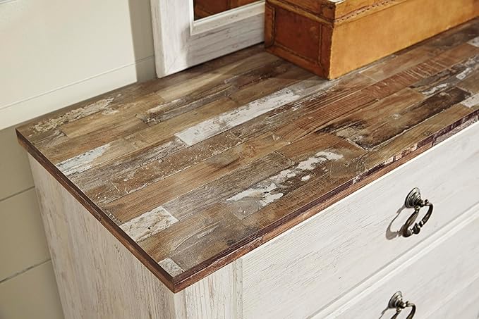 Signature Design by Ashley Willowton Coastal Cottage 6 Drawer Dresser with Faux Plank Top, Whitewash