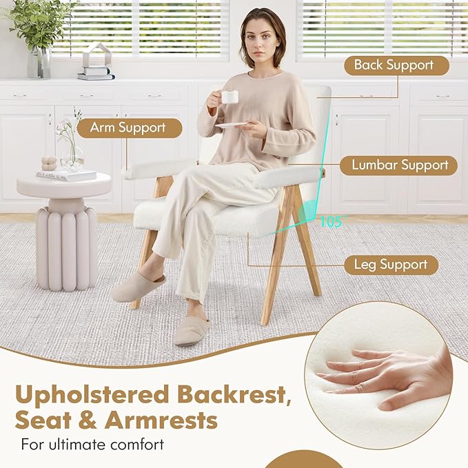 Giantex Mid-Century Modern Accent Chairs Set of 2, Sherpa Fabric Reading Chair with Padded Armrests, Solid Rubber Wood Frame, Upholstered Side Arm Chair for Living Room, Bedroom, Office, Beige