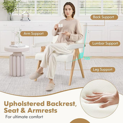 Giantex Mid-Century Modern Accent Chair, Sherpa Fabric Reading Chair with Padded Armrests, Solid Rubber Wood Frame, Upholstered Side Arm Chair for Living Room, Bedroom, Office, Beige