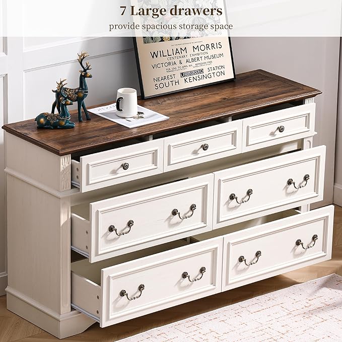 Dresser for Bedroom with 7 Drawers, 55" Wide Dresser for Storage and Organization, Farmhouse Chest of Drawers for Living Room, Closet, Hallway, White