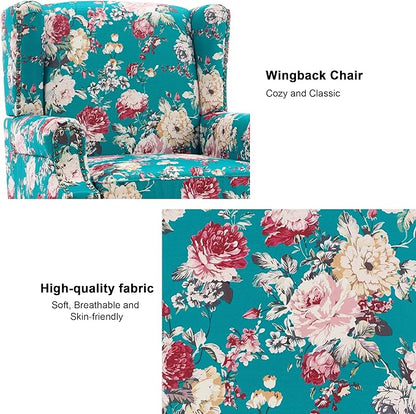 Accent Chair, Upholstered High Back Floral Armchair with Nailhead Trim & Wood Legs, Comfy Wingback Reading Single Sofa Chair for Small Spaces, Living Room, Bedroom ( Peacock Blue Floral, Set of 1)