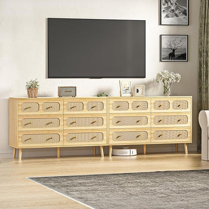 Rattan Dresser for Bedroom, Boho 6 Drawer Double Dresser with Gold Handles, Natural Wood Storage Dressers & Chest of Drawers, 6 Drawer Dressers